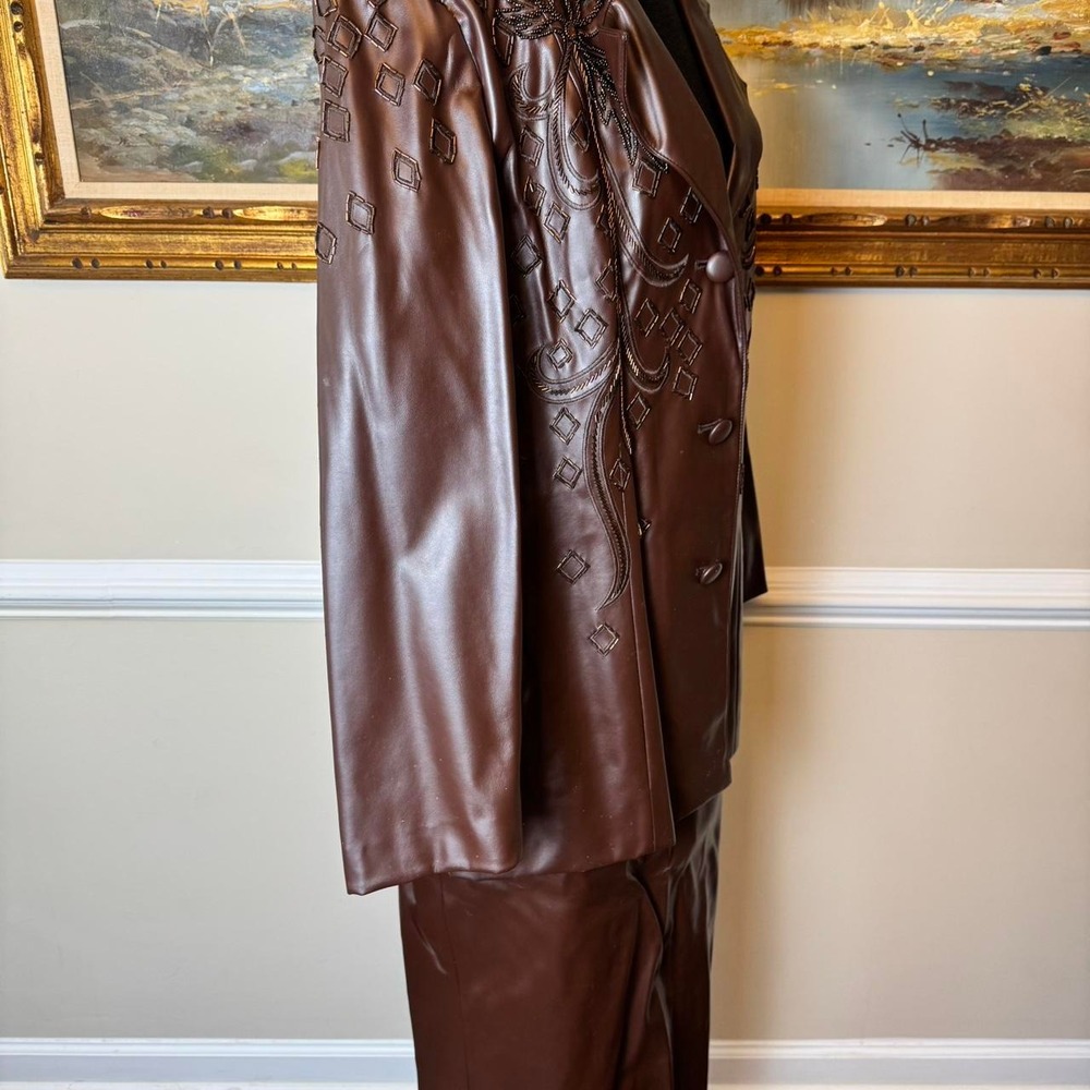 Vintage Brown Faux Leather Beaded Skirt Suit Set Size 18 - Picture 5 of 7